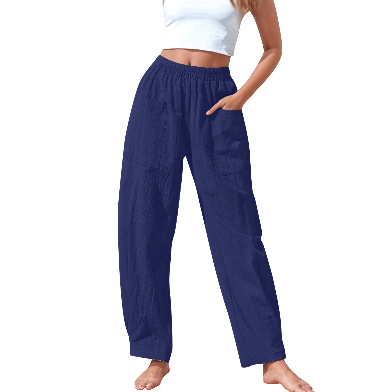 thumbnail image 1 of Pantalones elásticos de lino de cintura alta para mujer, informales: pantalones ligeros de verano para hacer ejercicio, 1 of 8